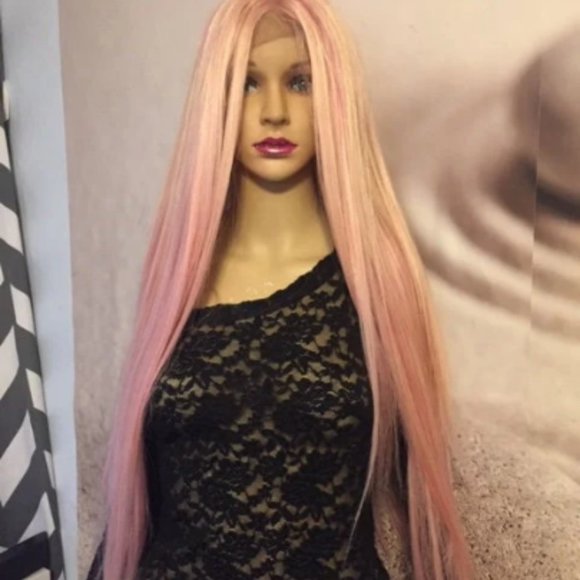 Pink lace front wig straight main image 4